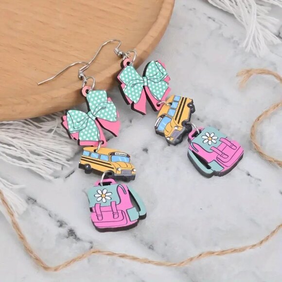 (5/$25‎ SALE ✅) 2D Theme Wooden Ear Art School Bus Backpack Dangle Drop Earrings - Picture 3 of 6
